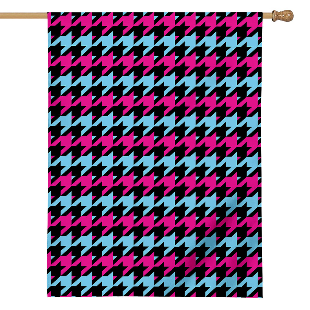 Pink Blue And Black Houndstooth Print House Flag