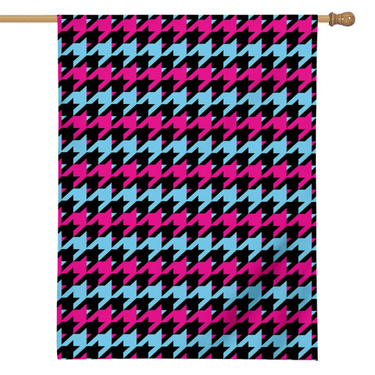 Pink Blue And Black Houndstooth Print House Flag