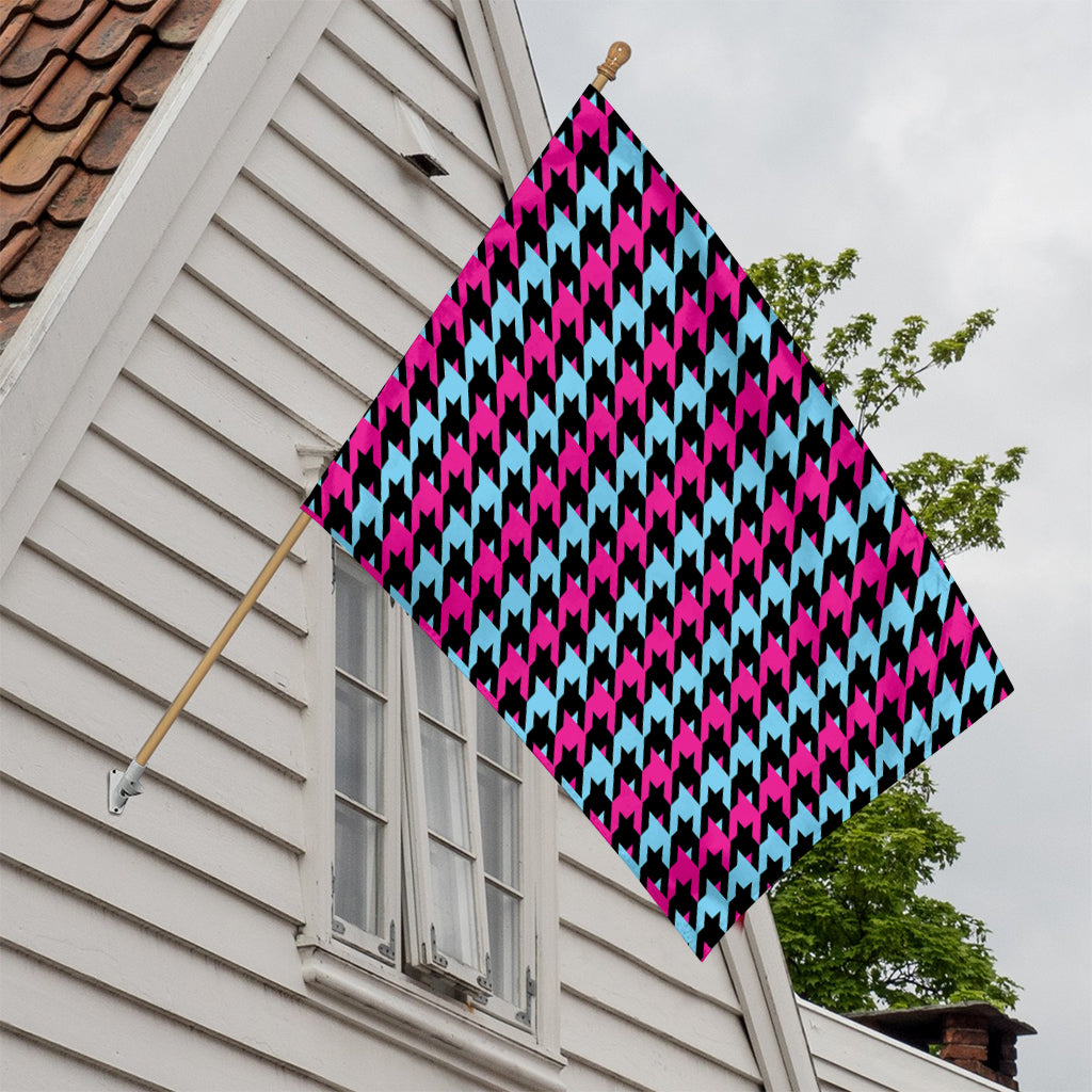 Pink Blue And Black Houndstooth Print House Flag