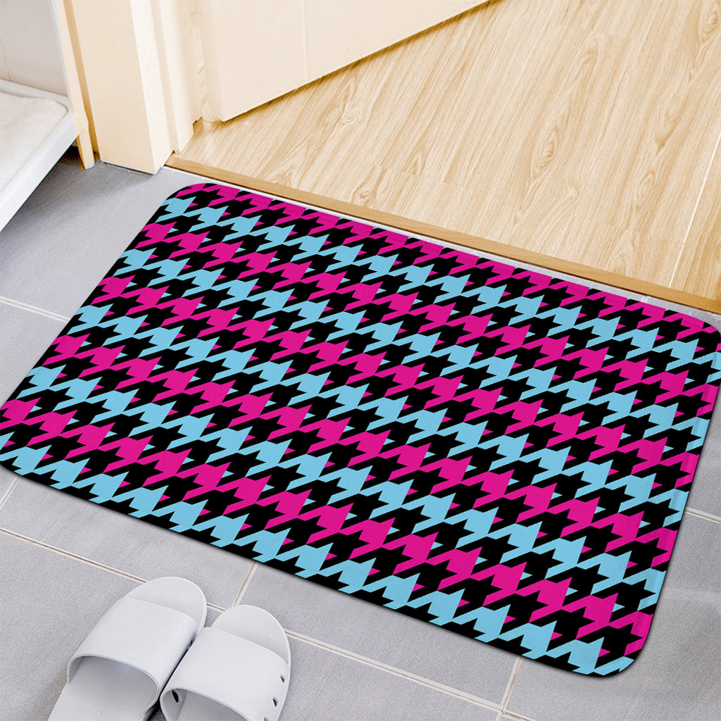 Pink Blue And Black Houndstooth Print Indoor Door Mat