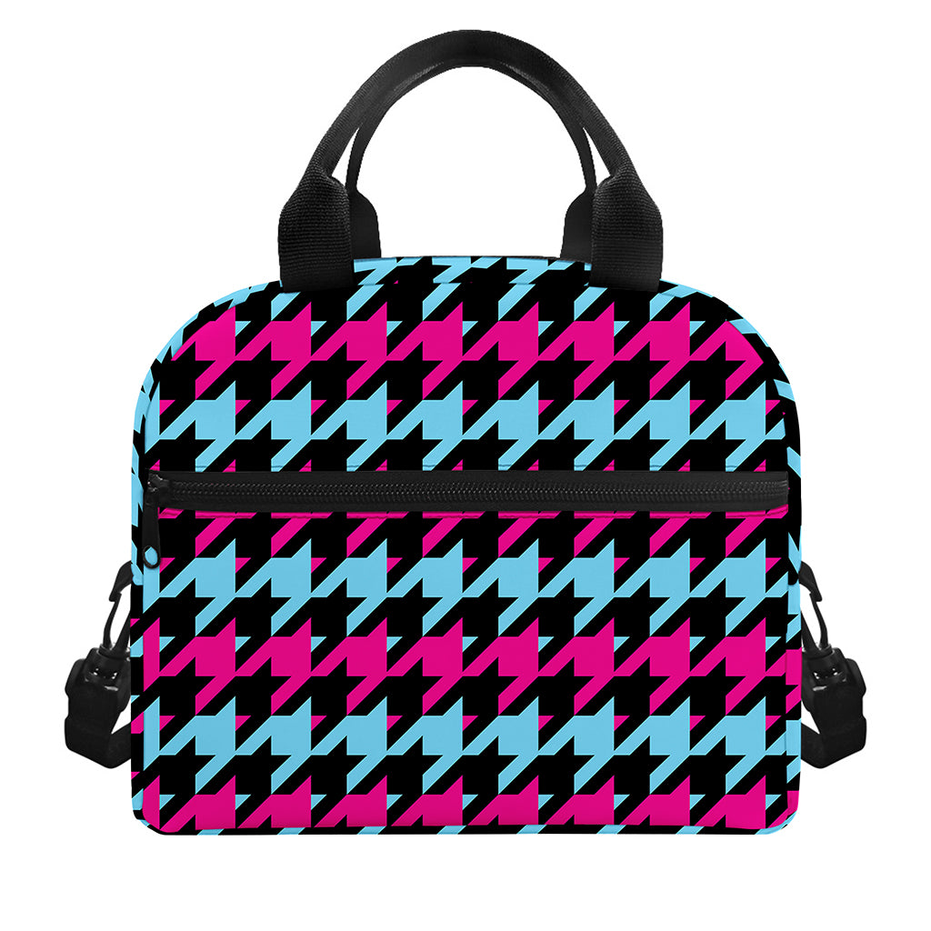 Pink Blue And Black Houndstooth Print Insulated Lunch Bag