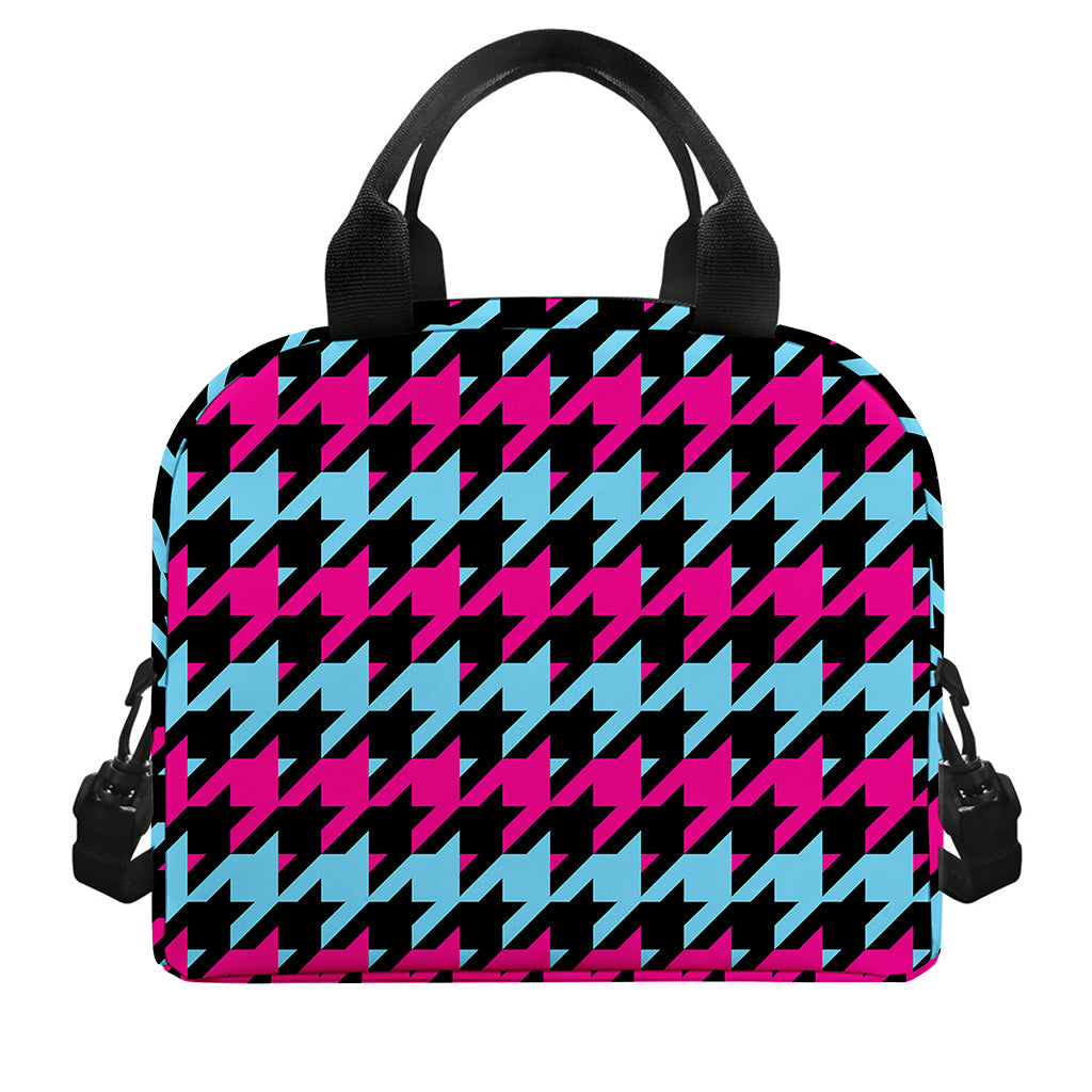 Pink Blue And Black Houndstooth Print Insulated Lunch Bag