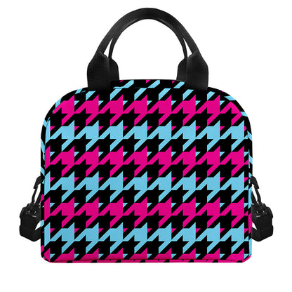Pink Blue And Black Houndstooth Print Insulated Lunch Bag