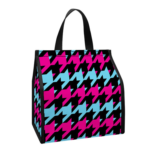 Pink Blue And Black Houndstooth Print Insulated Lunch Tote