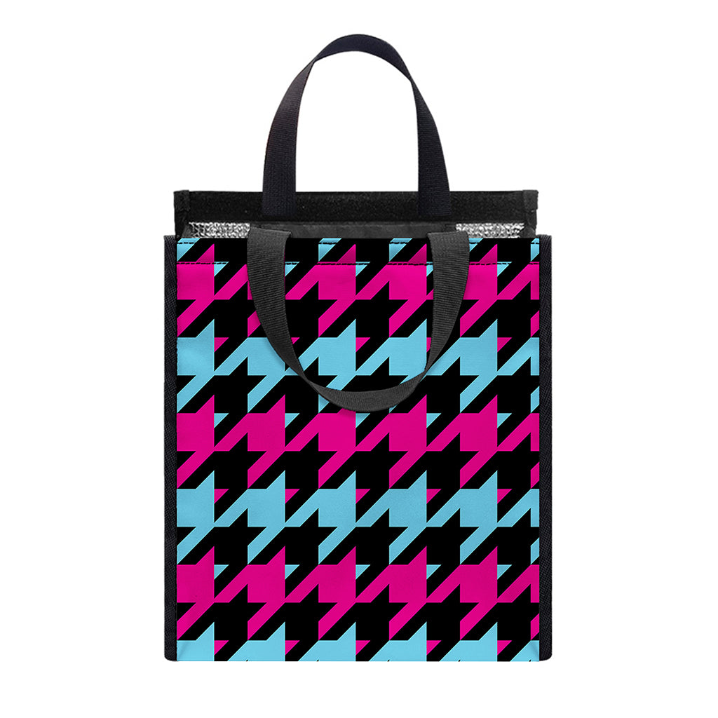 Pink Blue And Black Houndstooth Print Insulated Lunch Tote