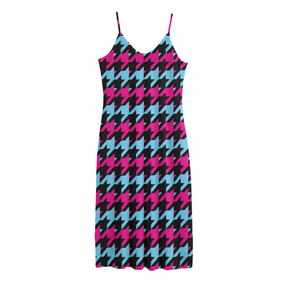 Pink Blue And Black Houndstooth Print Jersey Midi Cami Dress
