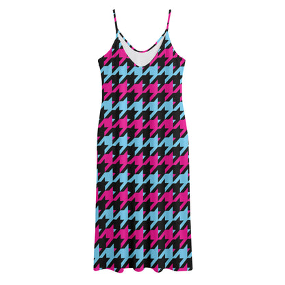 Pink Blue And Black Houndstooth Print Jersey Midi Cami Dress