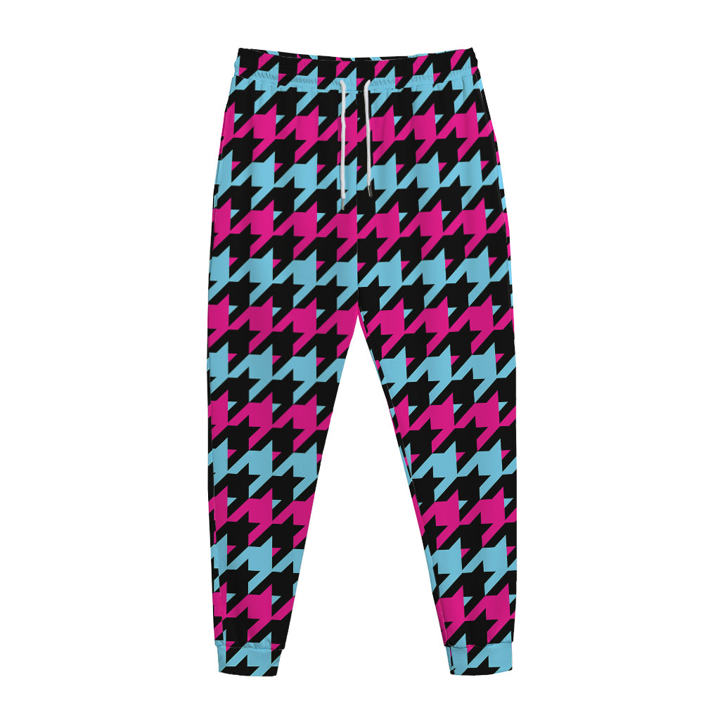 Pink Blue And Black Houndstooth Print Jogger Pants