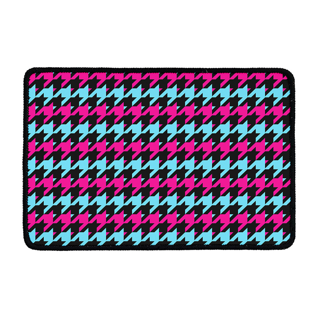 Pink Blue And Black Houndstooth Print Kitchen Mat
