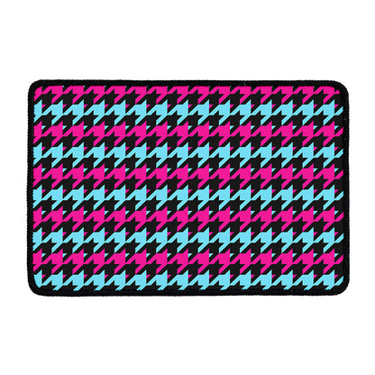 Pink Blue And Black Houndstooth Print Kitchen Mat