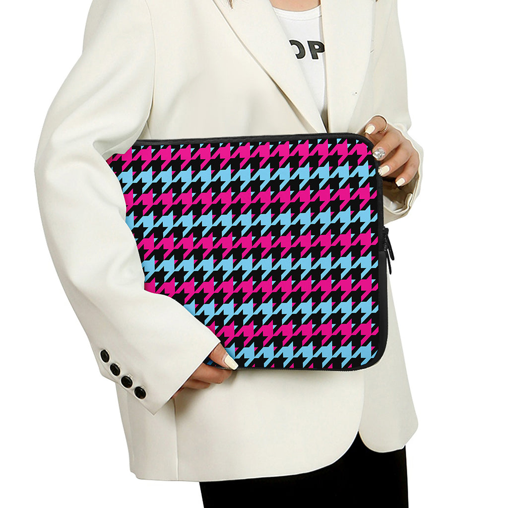 Pink Blue And Black Houndstooth Print Laptop Sleeve