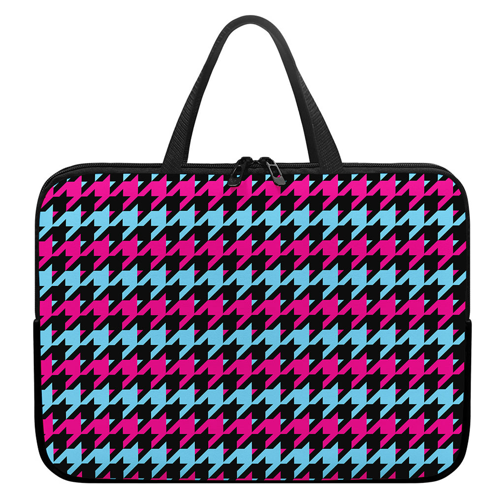 Pink Blue And Black Houndstooth Print Laptop Sleeve With Handle