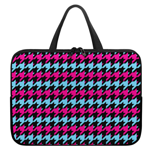 Pink Blue And Black Houndstooth Print Laptop Sleeve With Handle