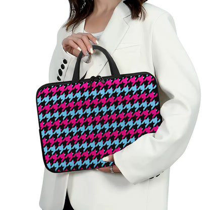 Pink Blue And Black Houndstooth Print Laptop Sleeve With Handle