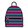 Pink Blue And Black Houndstooth Print Leather Backpack