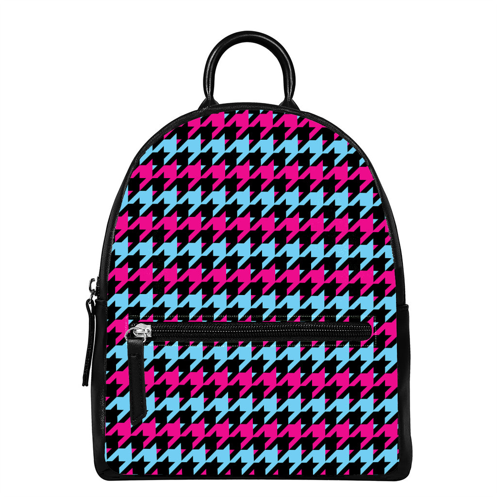 Pink Blue And Black Houndstooth Print Leather Backpack