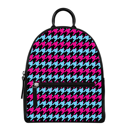 Pink Blue And Black Houndstooth Print Leather Backpack