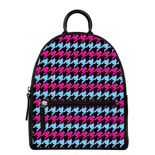 Pink Blue And Black Houndstooth Print Leather Backpack