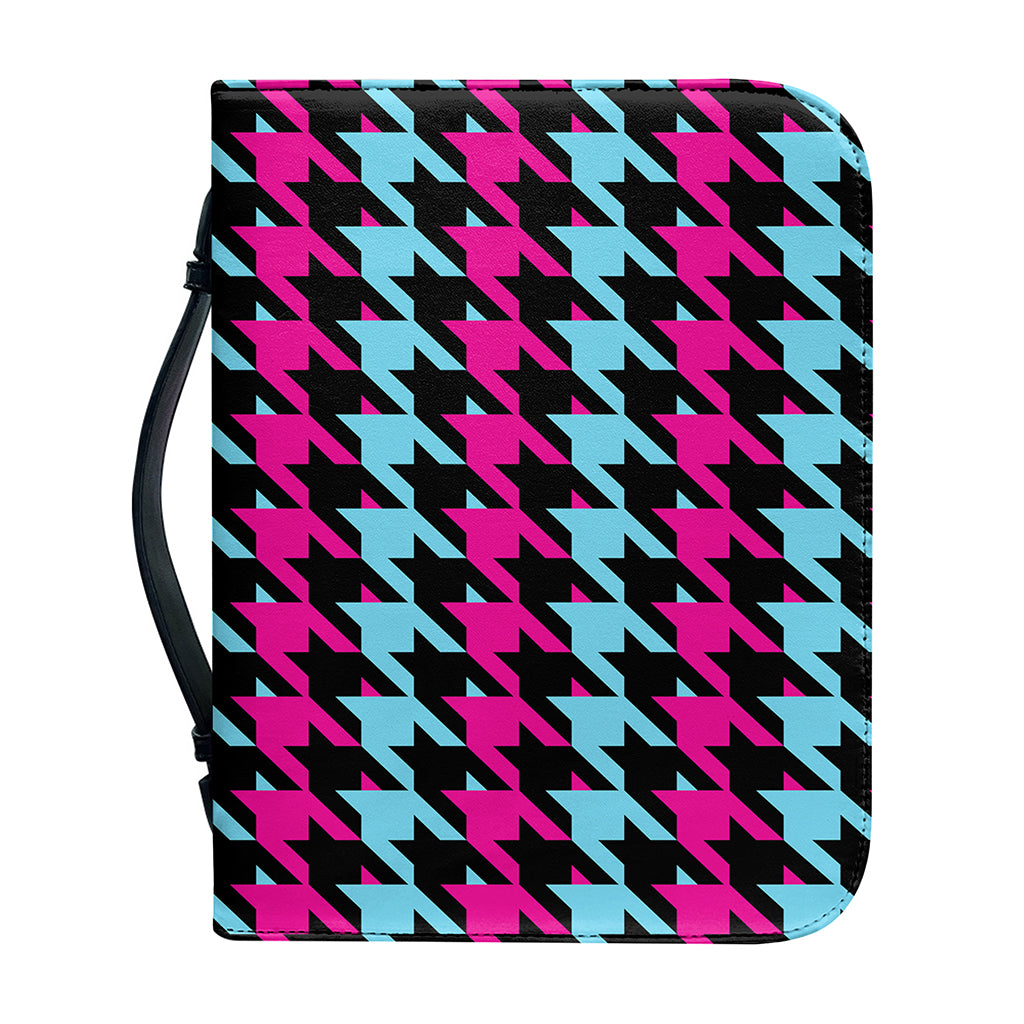 Pink Blue And Black Houndstooth Print Leather Bible Cover