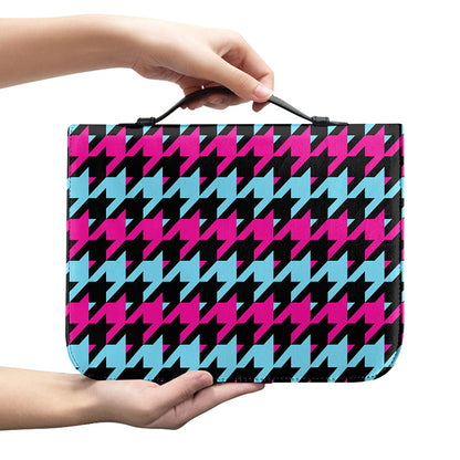 Pink Blue And Black Houndstooth Print Leather Bible Cover