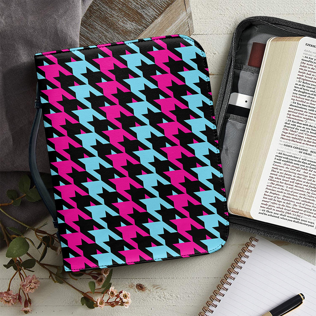 Pink Blue And Black Houndstooth Print Leather Bible Cover