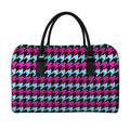 Pink Blue And Black Houndstooth Print Leather Duffel Bag