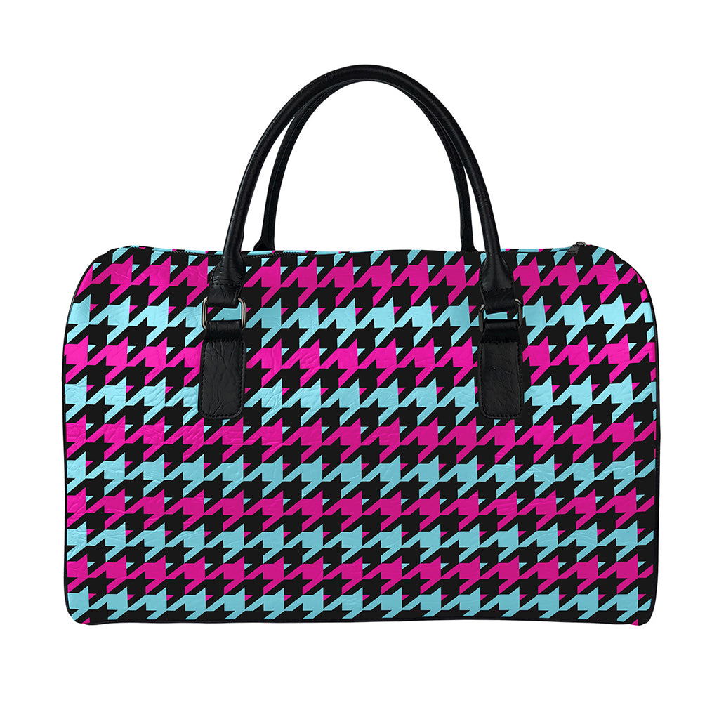Pink Blue And Black Houndstooth Print Leather Duffle Bag