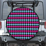 Pink Blue And Black Houndstooth Print Leather Spare Tire Cover