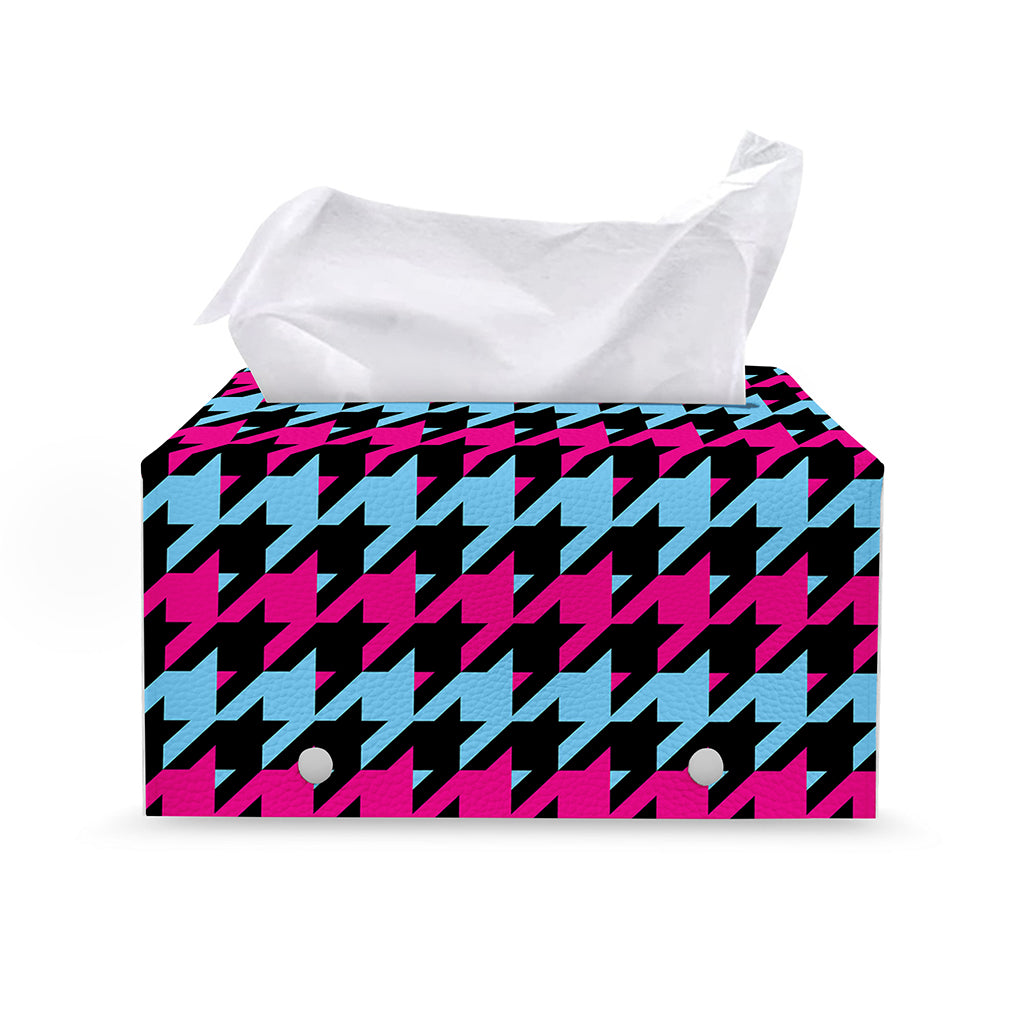 Pink Blue And Black Houndstooth Print Leather Tissue Box Cover