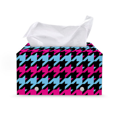 Pink Blue And Black Houndstooth Print Leather Tissue Box Cover