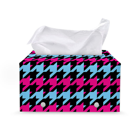 Pink Blue And Black Houndstooth Print Leather Tissue Box Cover