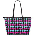 Pink Blue And Black Houndstooth Print Leather Tote Bag With Zipper