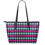 Pink Blue And Black Houndstooth Print Leather Tote Bag