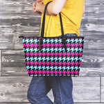 Pink Blue And Black Houndstooth Print Leather Tote Bag
