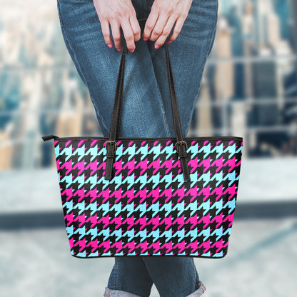 Pink Blue And Black Houndstooth Print Leather Tote Bag