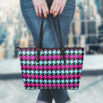 Pink Blue And Black Houndstooth Print Leather Tote Bag