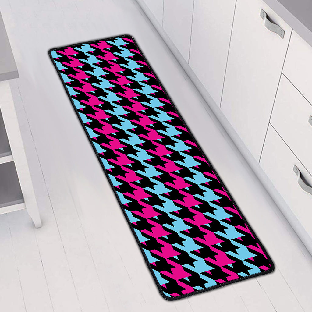 Pink Blue And Black Houndstooth Print Long Kitchen Mat
