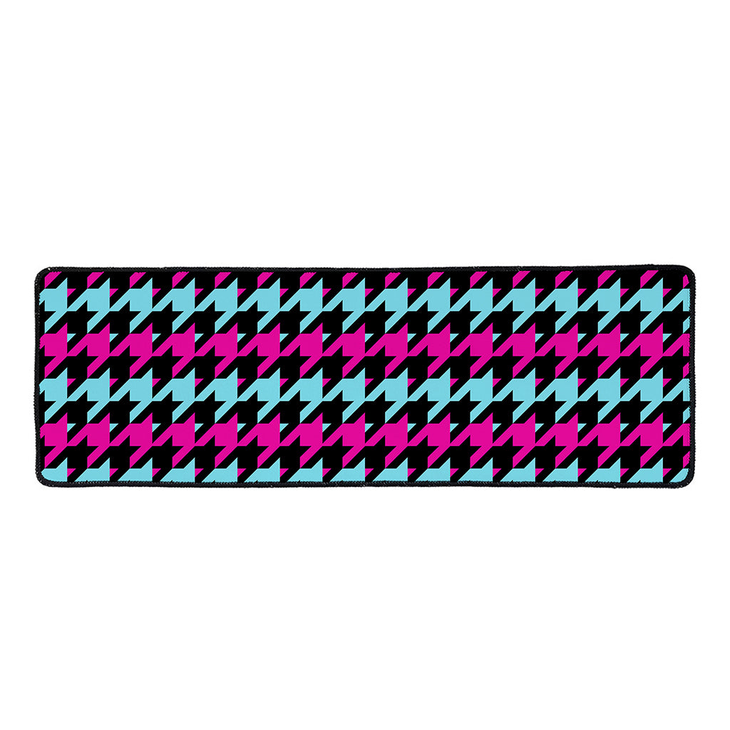 Pink Blue And Black Houndstooth Print Long Kitchen Mat