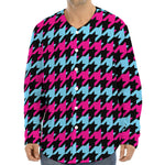 Pink Blue And Black Houndstooth Print Long Sleeve Baseball Jersey