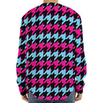 Pink Blue And Black Houndstooth Print Long Sleeve Baseball Jersey