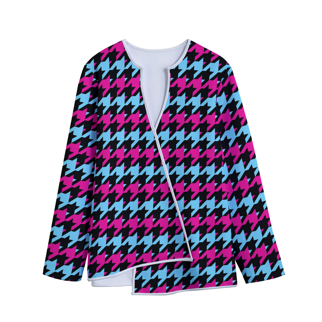 Pink Blue And Black Houndstooth Print Long Sleeve Short Coat