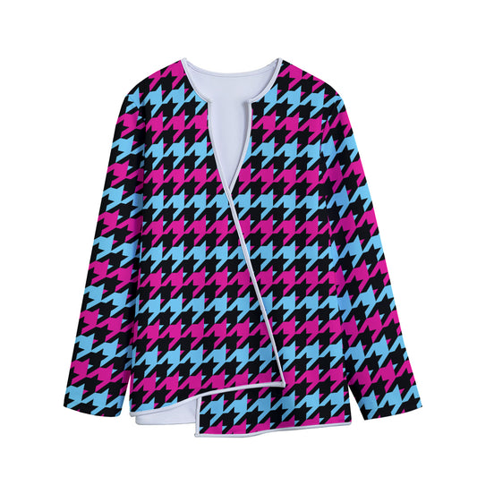Pink Blue And Black Houndstooth Print Long Sleeve Short Coat