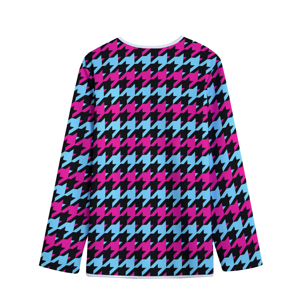 Pink Blue And Black Houndstooth Print Long Sleeve Short Coat