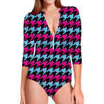 Pink Blue And Black Houndstooth Print Long Sleeve Swimsuit