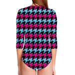 Pink Blue And Black Houndstooth Print Long Sleeve Swimsuit