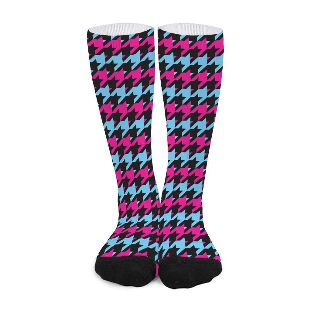 Pink Blue And Black Houndstooth Print Long Socks