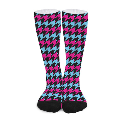 Pink Blue And Black Houndstooth Print Long Socks