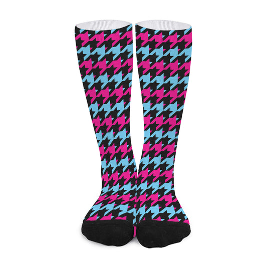 Pink Blue And Black Houndstooth Print Long Socks