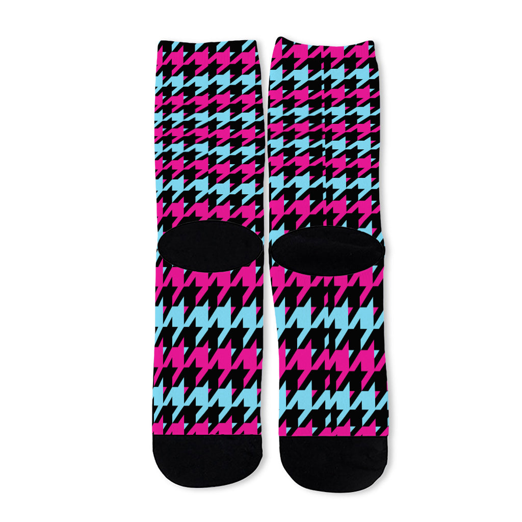 Pink Blue And Black Houndstooth Print Long Socks