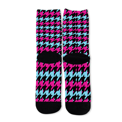 Pink Blue And Black Houndstooth Print Long Socks